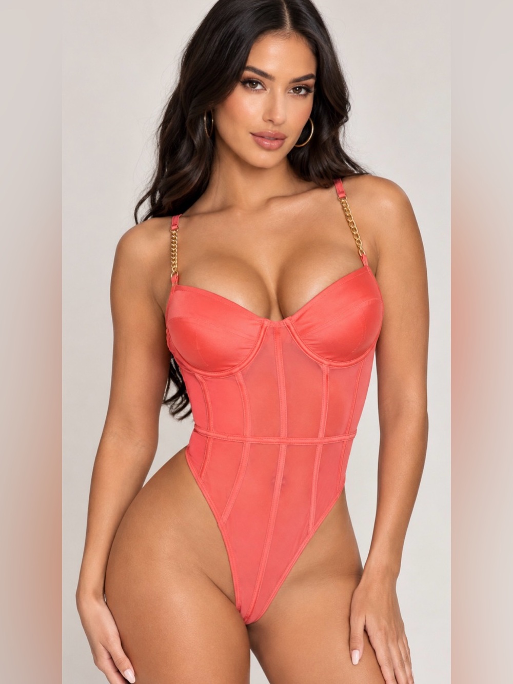 Fashion Nova Coral Salmon Corset Bodysuit Gold Chain Straps NWOT size Large